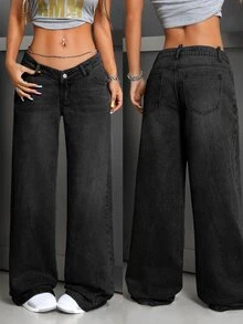 Jeanoix Petite Y2K Women's Straight Leg Denim Jeans - Dark Grey - View 7