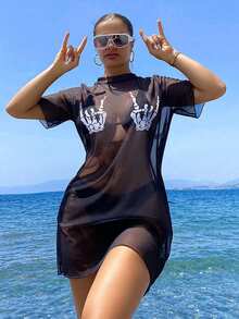 SHEIN Swim Women's Positioning Printed Round Neck Short-Sleeved Cover-Up Dress, Halloween - Black - View 1