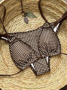 SHEIN Swim 女款格紋蝴蝶結掛脖荷葉邊三角杯性感兩件式比基尼套裝 - 咖啡棕 - 查看 6