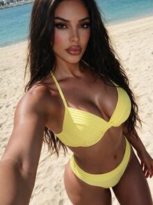 SHEIN Swim Women's Summer Beach Solid Color Halter Tie Sexy Bikini Swimwear Set, Push Up With Underwire - Yellow - View 3