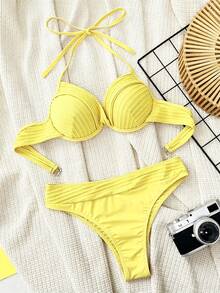 SHEIN Swim Women's Summer Beach Solid Color Halter Tie Sexy Bikini Swimwear Set, Push Up With Underwire - Yellow - View 6