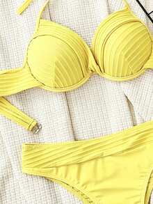 SHEIN Swim Women's Summer Beach Solid Color Halter Tie Sexy Bikini Swimwear Set, Push Up With Underwire - Yellow - View 5