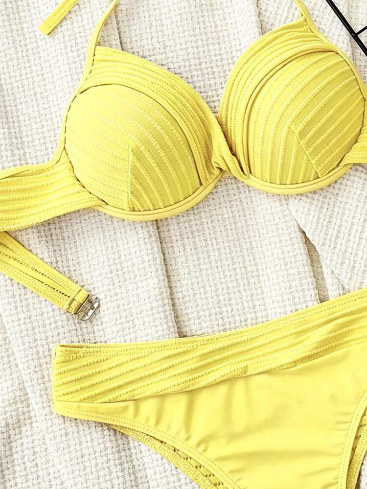 SHEIN Swim Women's Summer Beach Solid Color Halter Tie Sexy Bikini Swimwear Set, Push Up With Underwire - Yellow - View 5