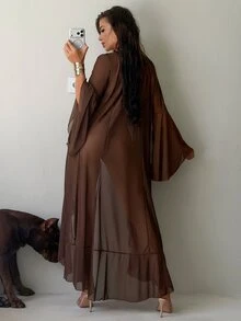 Swim SXY Casual Brown Mesh Halter Kimono With Long Wrist Length Sleeves And Tie Front Detail Semi Sheer Cover Up - Brown - View 2