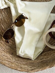 SHEIN Swim Women's Beaded Decor Backless Halter Tie Sexy Bikini Set, Shiny Fabric For Beach Vacation - White - View 6