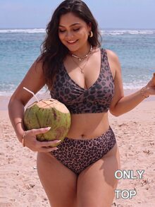 SHEIN Swim 大尺碼女款棕色豹紋泳衣上衣，性感優雅希臘女神極簡風時尚，適合海灘派對度假、泳池游泳夏季穿著 - 彩色 - 查看 4