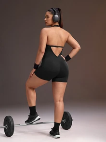 Powerista بدلة رياضية نسائية مقاس كبير باللون الأسود بدون ظهر بياقة هالتر مثيرة - الأسود - مشاهدة 2