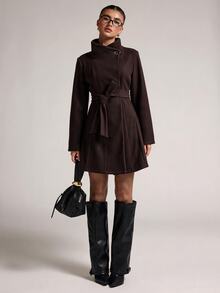 SHEIN BAE Solid Color Versatile Stand Collar Metal Button Design Minimalist Premium Casual Overcoat - Chocolate Brown - View 5