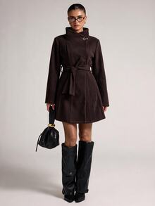 SHEIN BAE Solid Color Versatile Stand Collar Metal Button Design Minimalist Premium Casual Overcoat - Chocolate Brown - View 1