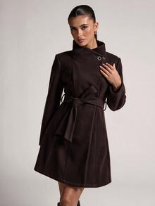 SHEIN BAE Solid Color Versatile Stand Collar Metal Button Design Minimalist Premium Casual Overcoat - Chocolate Brown - View 3