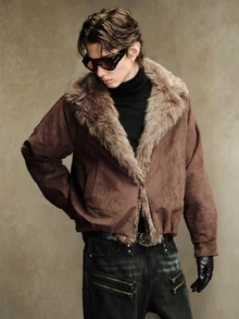 ROMWE MEN Casual 男士人造毛拼接大領長袖派克夾克外套 - 咖啡棕 - 查看 10
