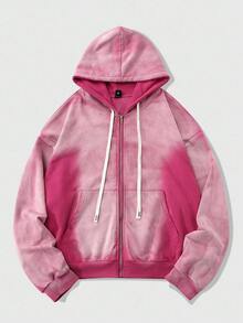 ROMWE MEN Street Life Men's Plus Size Washed Distressed Long Sleeve Zip-Up Hooded Sweatshirt With Drawstring - Pink - View 5