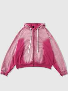 ROMWE MEN Street Life Men's Plus Size Washed Distressed Long Sleeve Zip-Up Hooded Sweatshirt With Drawstring - Pink - View 7