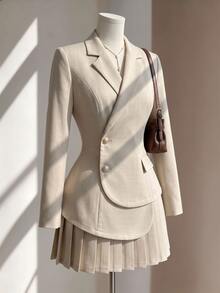 Fine & Folde Women's Elegant Commuter Versatile Suit Set, Asymmetrical Design Double-Breasted Long Sleeve Waist-Cinching Blazer And Pleated Mini Skirt In Khaki, Autumn/Winter - Khaki - View 1