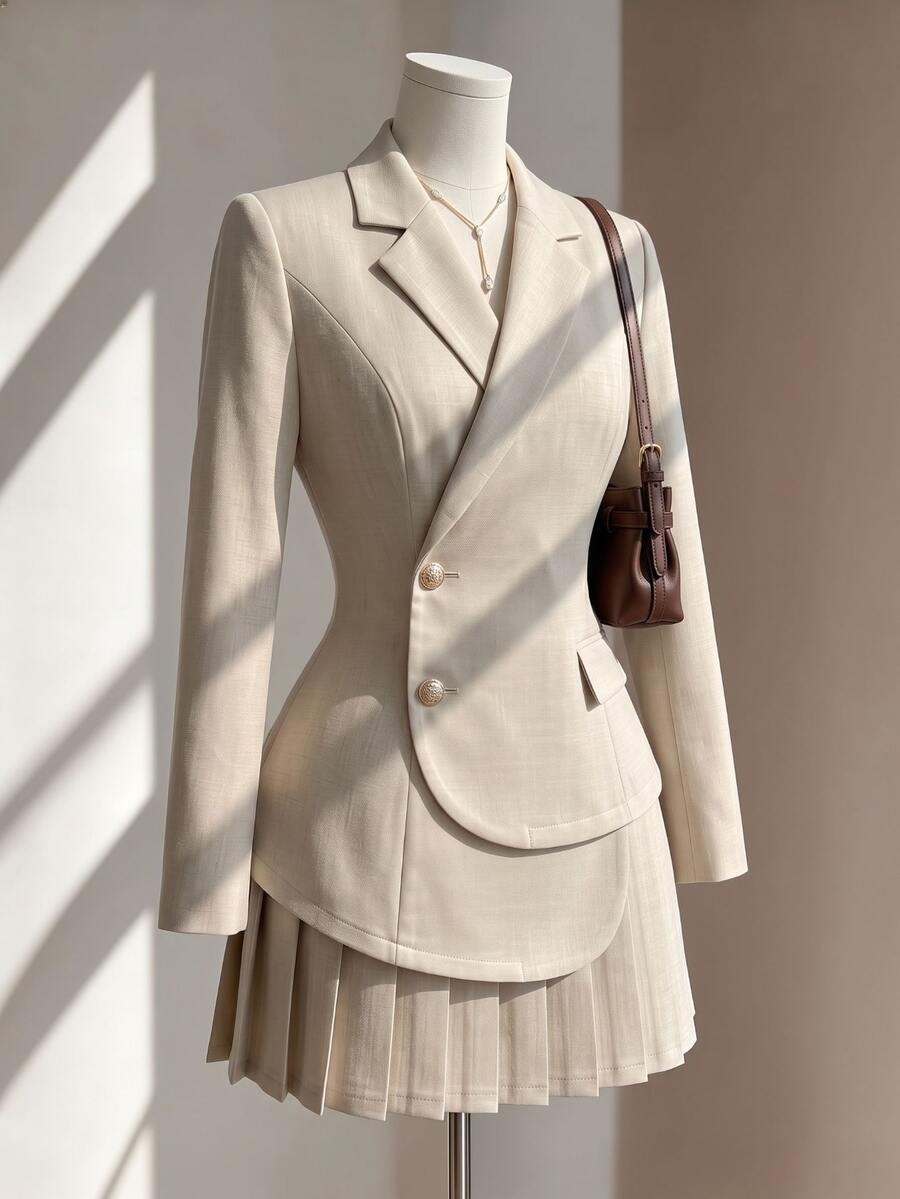 Fine & Folde Women's Elegant Commuter Versatile Suit Set, Asymmetrical Design Double-Breasted Long Sleeve Waist-Cinching Blazer And Pleated Mini Skirt In Khaki, Autumn/Winter - Khaki - View 1