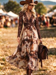 LUMIGAL Deep Brown Lace V-Neck Long Sleeve Cinched Waist Full Skirt Ink Wash Chiffon Bohemian Maxi Dress - Multicolor - View 1