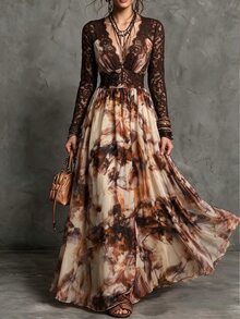 LUMIGAL Deep Brown Lace V-Neck Long Sleeve Cinched Waist Full Skirt Ink Wash Chiffon Bohemian Maxi Dress - Multicolor - View 4
