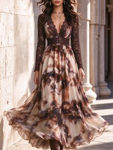 LUMIGAL Deep Brown Lace V-Neck Long Sleeve Cinched Waist Full Skirt Ink Wash Chiffon Bohemian Maxi Dress - Multicolor - View 3