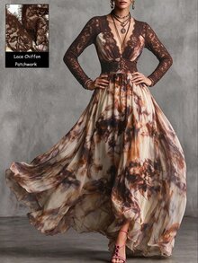 LUMIGAL Deep Brown Lace V-Neck Long Sleeve Cinched Waist Full Skirt Ink Wash Chiffon Bohemian Maxi Dress - Multicolor - View 8