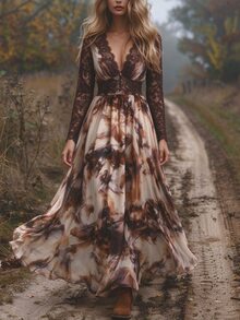 LUMIGAL Deep Brown Lace V-Neck Long Sleeve Cinched Waist Full Skirt Ink Wash Chiffon Bohemian Maxi Dress - Multicolor - View 5