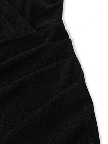 SHEIN Women's Fashion V-Neck Long Sleeve Cinched Waist Split Hem Bodycon Dress, Suitable For Daily Wear, Dating, Vacation, And Party - Black - View 4