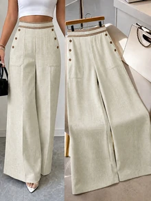 SHEIN Raffinéa Celana Kasual Wanita Warna Khaki dengan Potongan Lebar dan Pinggang Kontras - Aprikot - View 2