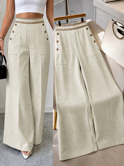 SHEIN Raffinéa Women's Khaki Wide Leg Casual Pants With Contrast Waistband