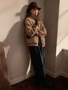 Nima Coro Women's Solid Color Drop Shoulder Long Sleeve Zipper Front Casual Jacket - Khaki - View 5
