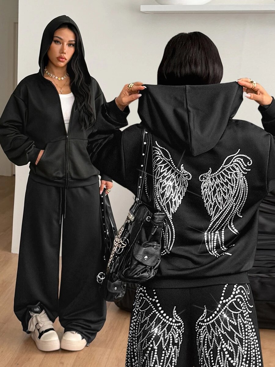 Coolane 女款秋冬街頭風休閒外出哥德龐克Y2K菱格紋舒適連帽衛衣，黑色外套，萬聖節穿搭