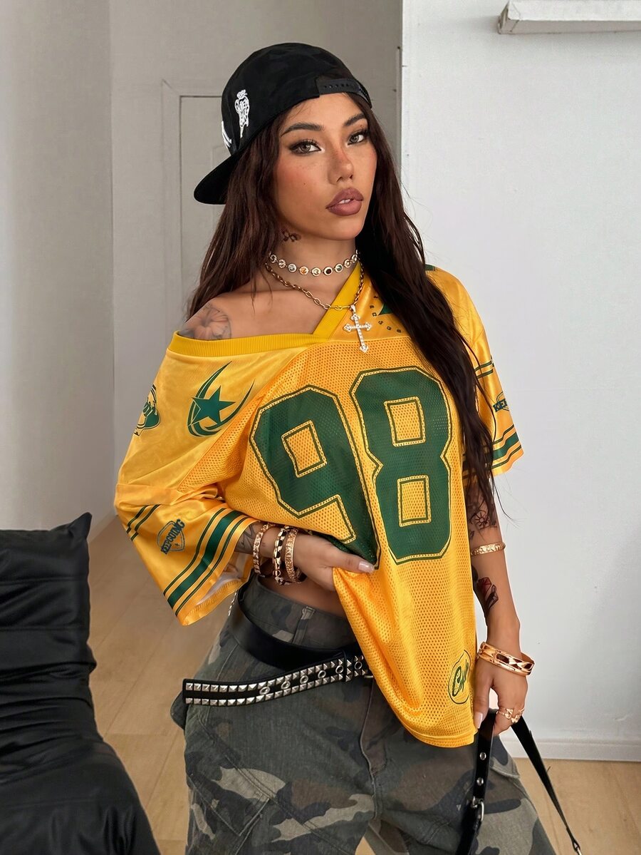 Coolane 女款夏季四季通用節慶外出街頭風復古透氣網眼98號圖案印花棒球球衣黃色休閒上衣 - 黃色 - 查看 1