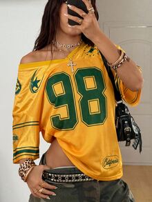 Coolane 女款夏季四季通用節慶外出街頭風復古透氣網眼98號圖案印花棒球球衣黃色休閒上衣 - 黃色 - 查看 4