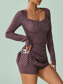 Sovereign Charm Women's Polka Dot Print Sweetheart Neck Long Sleeve Athletic Dress With Shorts - Multicolor - View 3