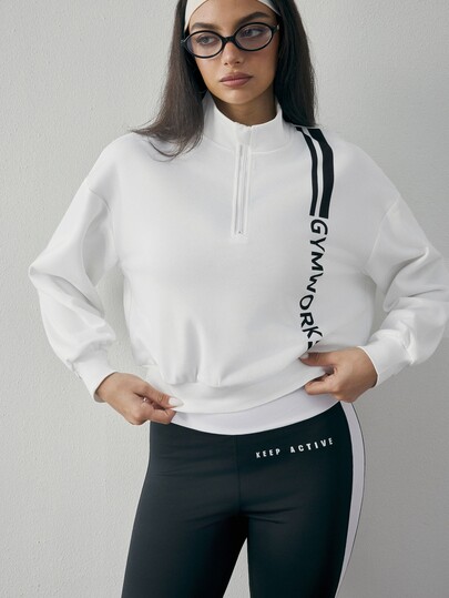 StreetHx Women's Casual Half-Zip Short Sporty Sweatshirt, Dropped Shoulder Long Sleeve Pullover Top, Asymmetric Stripe & Letter Print, Suitable For Fitness, Daily Wear And Street Style