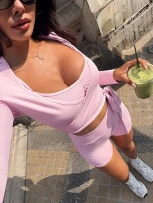 SHEIN Sports 女士运动瑜伽户外健身套装，可调节肩带吊带背心，长袖T恤，侧系腰带喇叭紧身裤 - 粉色 - 查看 3