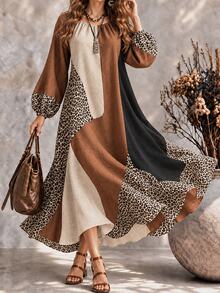 Ceyna Women's Plus Size Asymmetrical Leopard Print Dress, Simple Casual Boho Vintage Loose Fit Long Sleeve Dress, Elegant Printed Dress Fall Vacation - Multicolor - View 1