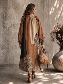 Ceyna Women's Plus Size Asymmetrical Leopard Print Dress, Simple Casual Boho Vintage Loose Fit Long Sleeve Dress, Elegant Printed Dress Fall Vacation - Multicolor - View 2