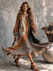 Ceyna Women's Plus Size Asymmetrical Leopard Print Dress, Simple Casual Boho Vintage Loose Fit Long Sleeve Dress, Elegant Printed Dress Fall Vacation - Multicolor - View 4