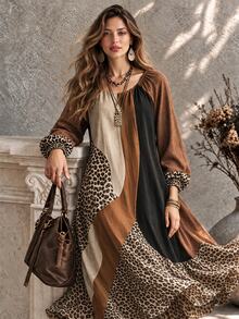 Ceyna Women's Plus Size Asymmetrical Leopard Print Dress, Simple Casual Boho Vintage Loose Fit Long Sleeve Dress, Elegant Printed Dress Fall Vacation - Multicolor - View 3