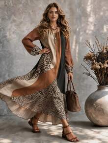 Ceyna Women's Plus Size Asymmetrical Leopard Print Dress, Simple Casual Boho Vintage Loose Fit Long Sleeve Dress, Elegant Printed Dress Fall Vacation - Multicolor - View 8