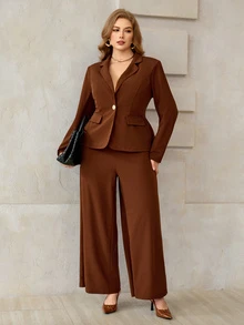 Roveilla Fall Plus Size Women's Casual Business Casual Commute Comfortable Elegant Professional Style Suit Set Office Semi Formal Brown - Coffee Brown - View 8
