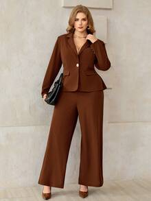 Roveilla Fall Plus Size Women's Casual Business Casual Commute Comfortable Elegant Professional Style Suit Set Office Semi Formal Brown - Coffee Brown - View 7