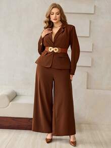 Roveilla Fall Plus Size Women's Casual Business Casual Commute Comfortable Elegant Professional Style Suit Set Office Semi Formal Brown - Coffee Brown - View 5