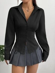 Sweetra Women's Casual Commuter Solid Color Fitted Shirt Fall Cloth For Women - Black - View 5