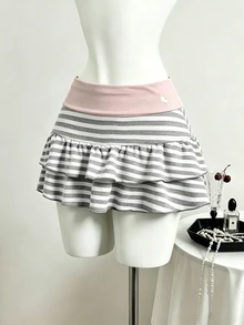 Elamini Women's Autumn Sexy Baggy Mini Striped Fashion Versatile Casual Skirt, Suitable For College Style, Vacation Tennis Pink And White Striped - Pink - View 5