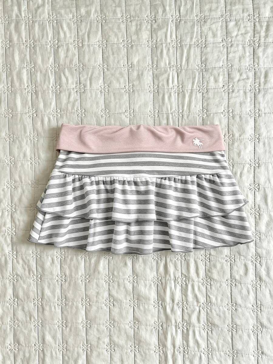 Elamini Women's Autumn Sexy Baggy Mini Striped Fashion Versatile Casual Skirt, Suitable For College Style, Vacation Tennis Pink And White Striped - Pink - View 1