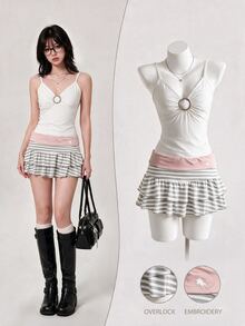 Elamini Women's Autumn Sexy Baggy Mini Striped Fashion Versatile Casual Skirt, Suitable For College Style, Vacation Tennis Pink And White Striped - Pink - View 6