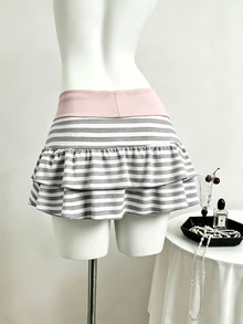 Elamini Women's Autumn Sexy Baggy Mini Striped Fashion Versatile Casual Skirt, Suitable For College Style, Vacation Tennis Pink And White Striped - Pink - View 2