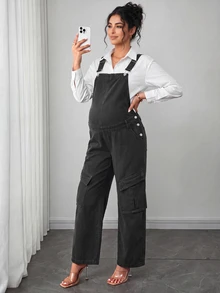 SHEIN Maternity Casual Versatile Everyday Denim Overalls Long Pants - Black - View 1