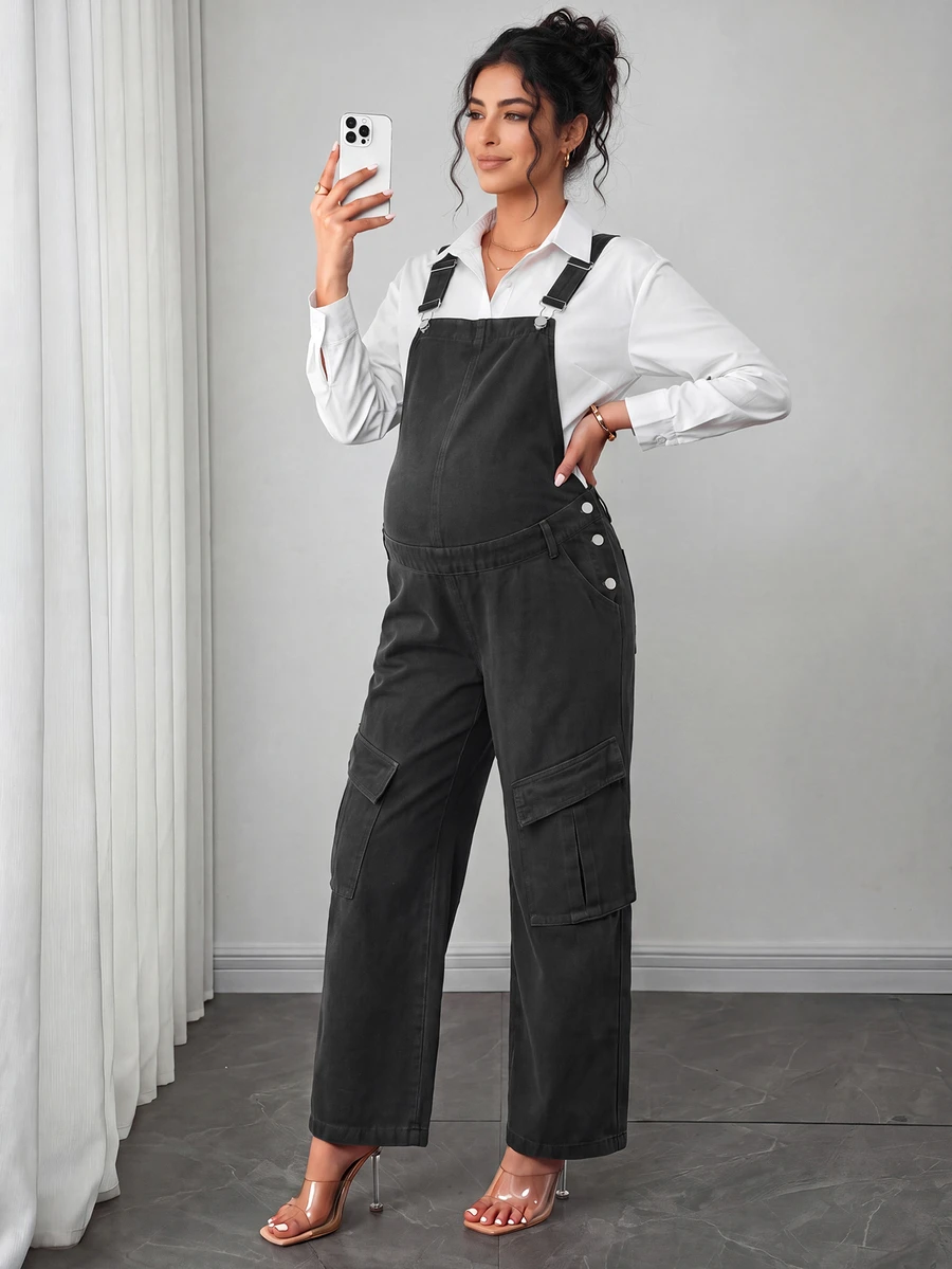 SHEIN Maternity Casual Versatile Everyday Denim Overalls Long Pants - Black - View 1