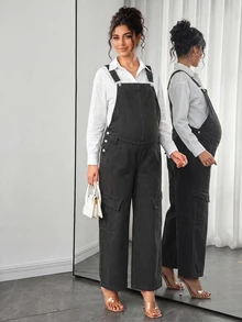 SHEIN Maternity Casual Versatile Everyday Denim Overalls Long Pants - Black - View 3